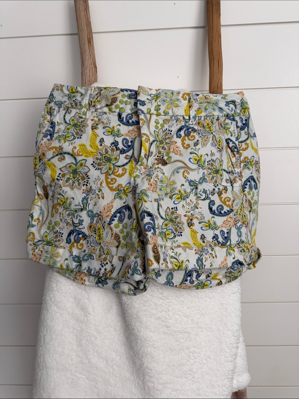 Dear John White Paisley Floral High-Waist Shorts with Blue & Yellow Accents